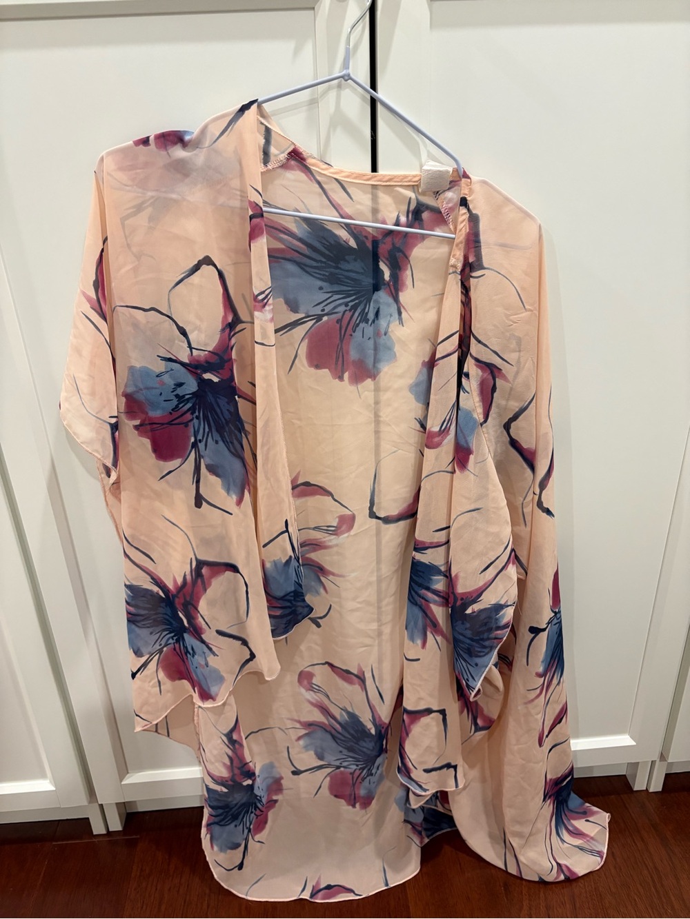 J.O.A. Peach Floral Sheer Kimono with Blue and Pink Blooms
